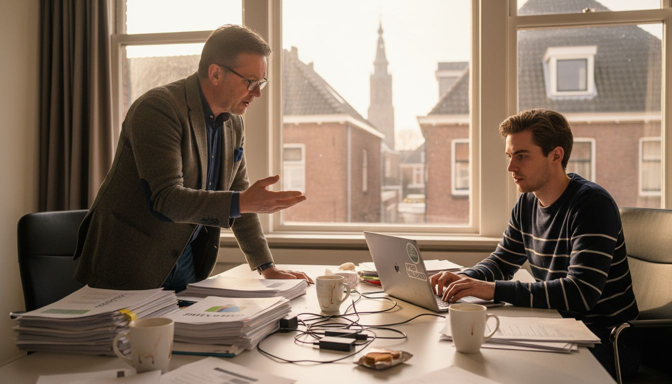 Een MKB-ondernemer en een IT-expert gaan samen in gesprek over het beveiligen van de bedrijfswebsite.