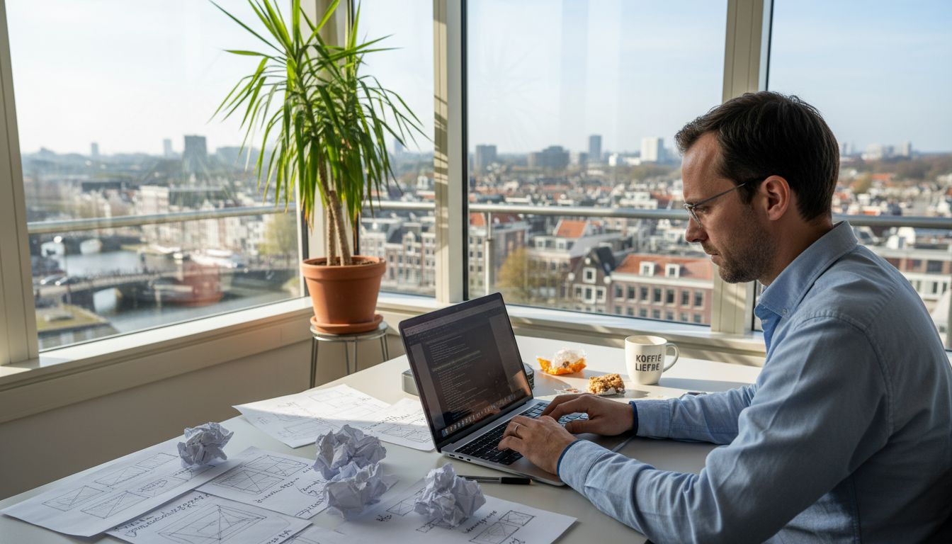 Een stedenbouwkundige zit aan zijn bureau op het gemeentehuis en werkt aan nieuwe plannen voor de stad.