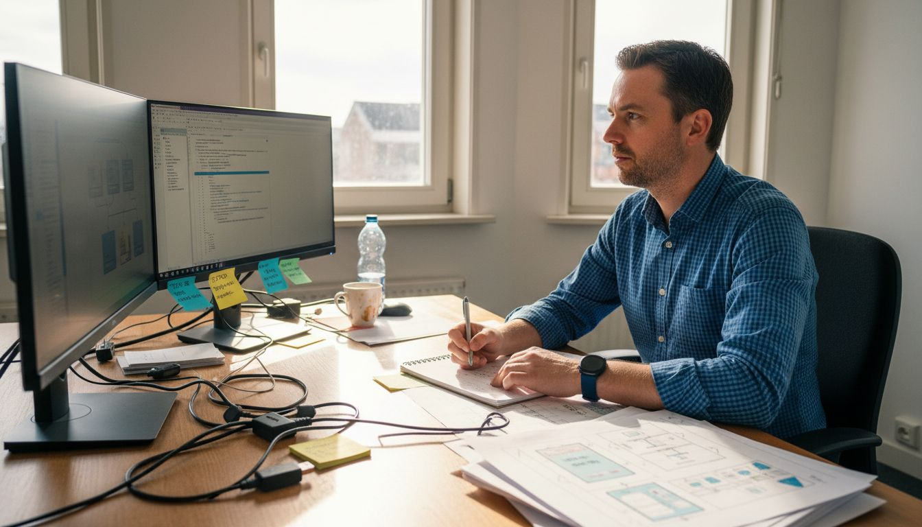 In een hoekkamer werkt een software engineer aan het ontwerp van schaalbare applicaties.