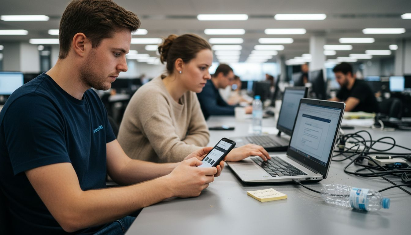 Twee collega’s controleren hoe snel de app werkt