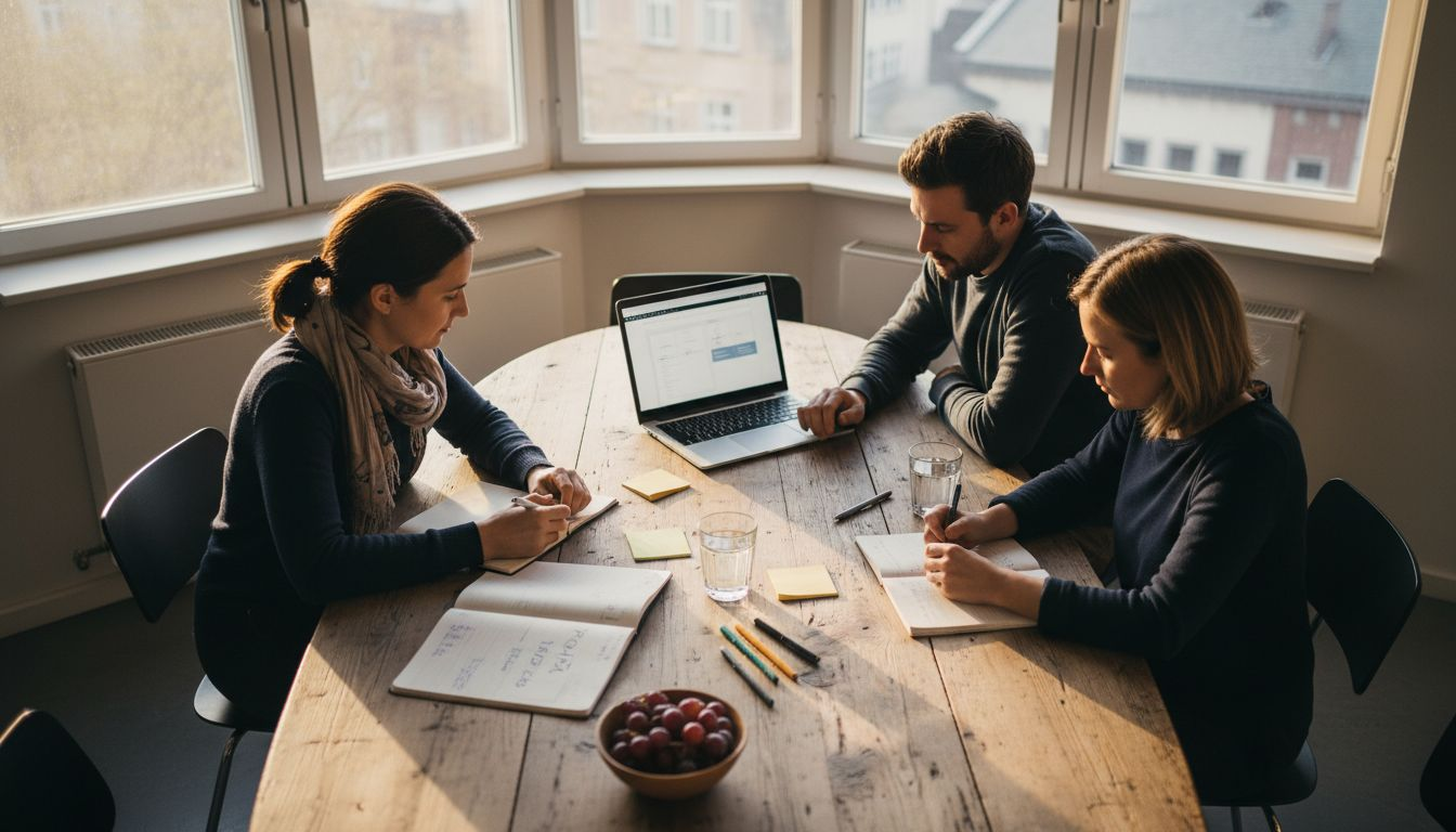 Het team zit samen aan tafel om de resultaten van het gebruikersonderzoek te bespreken.