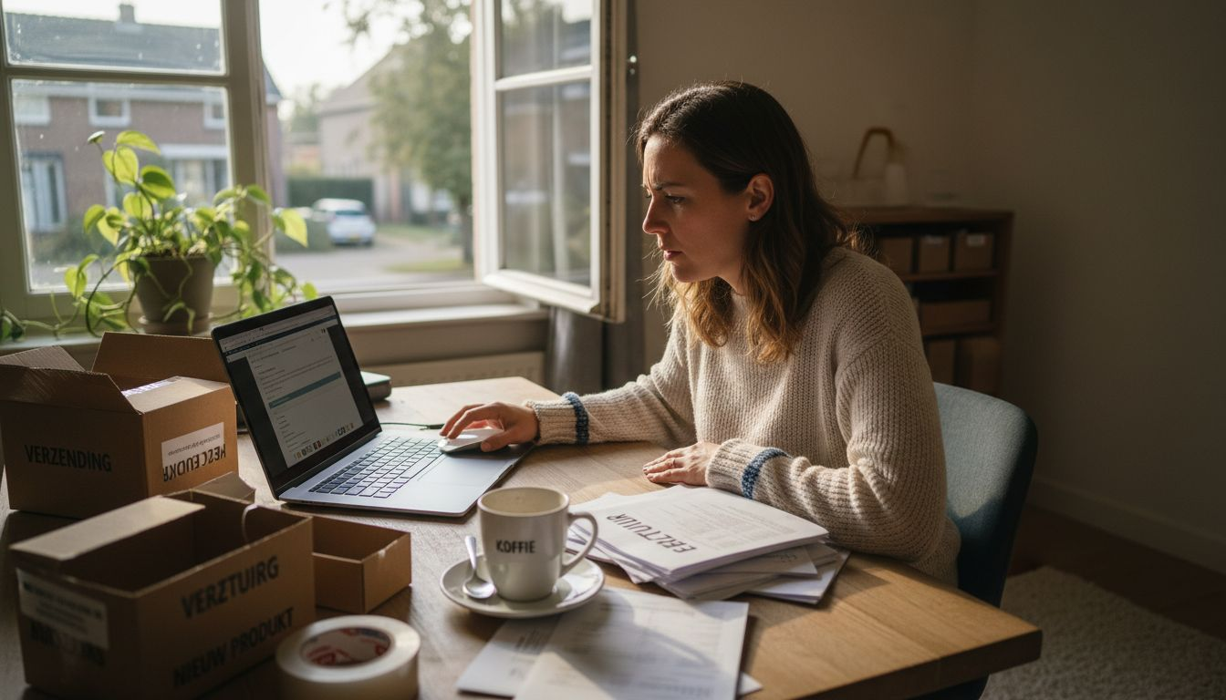 Webshop eigenaar in een rommelige thuiswerkplek