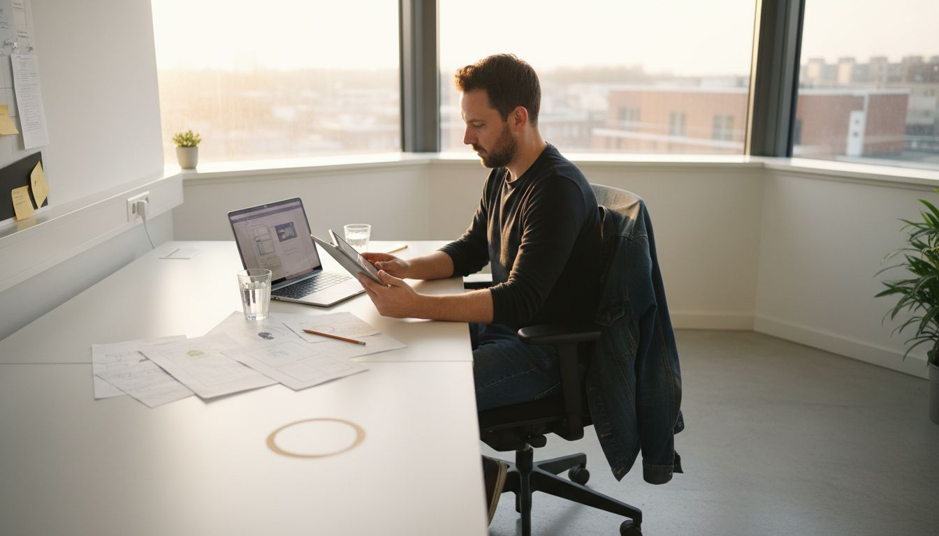 App-ontwikkelaar bespreekt wireframes aan de vergadertafel