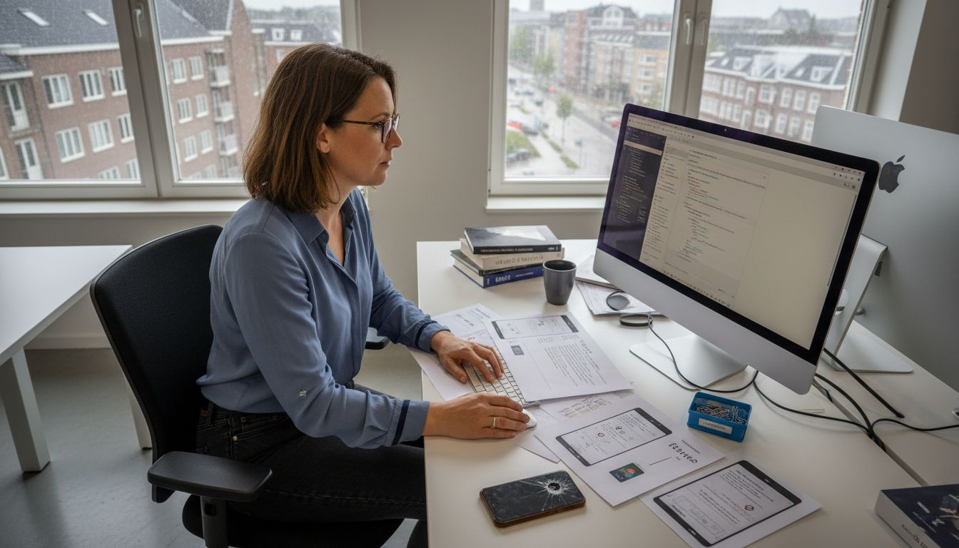 Een vrouw probeert nieuwe software uit op haar computer aan haar bureau.
