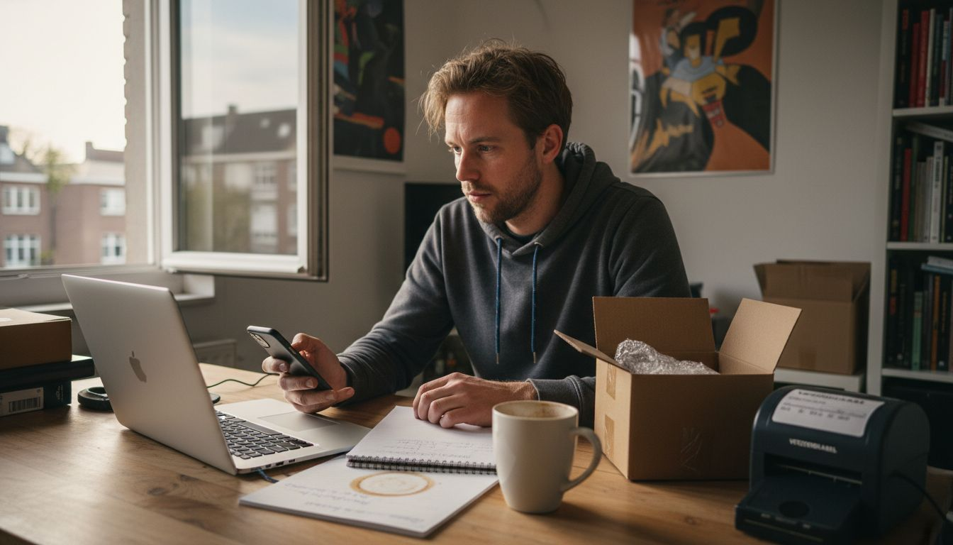 Een webshop eigenaar aan het werk achter een rommelig bureau vol bestellingen en pakketjes.