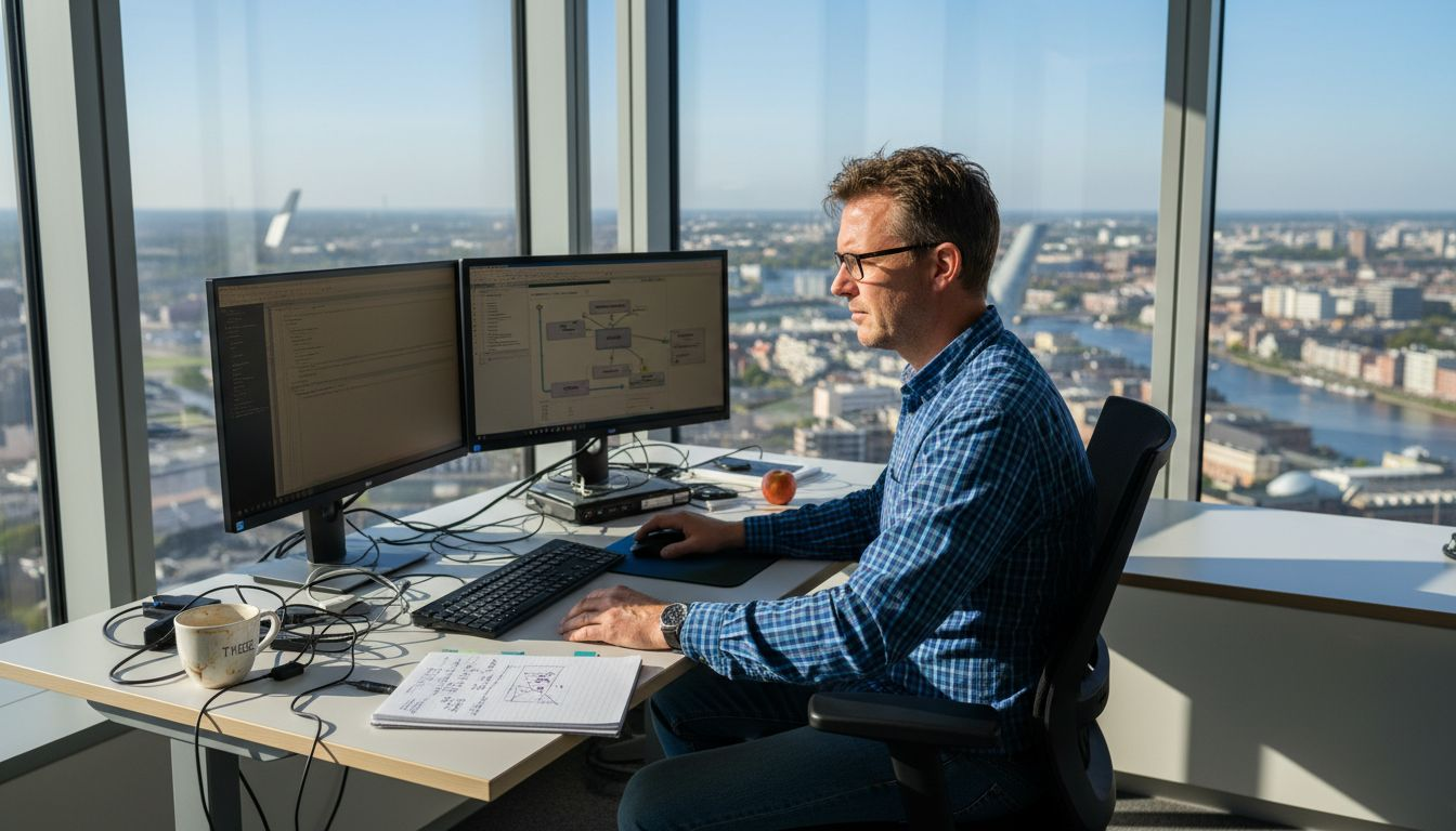 Een cybersecurity-expert werkt geconcentreerd achter zijn computer in een hoekbureau.
