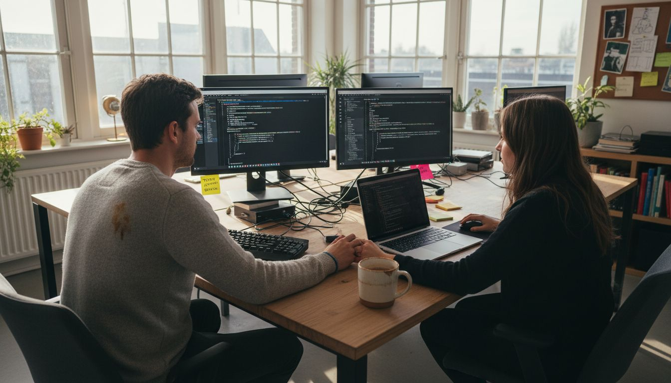 Het webteam zit gezellig te werken in het hoekje van het kantoor.