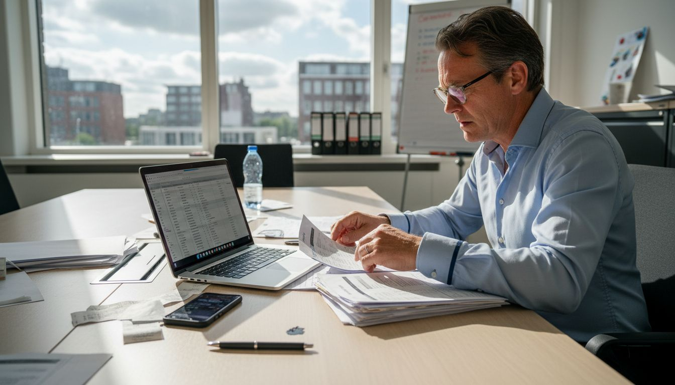 Eigenaar bekijkt de financiële administratie aan zijn bureau.