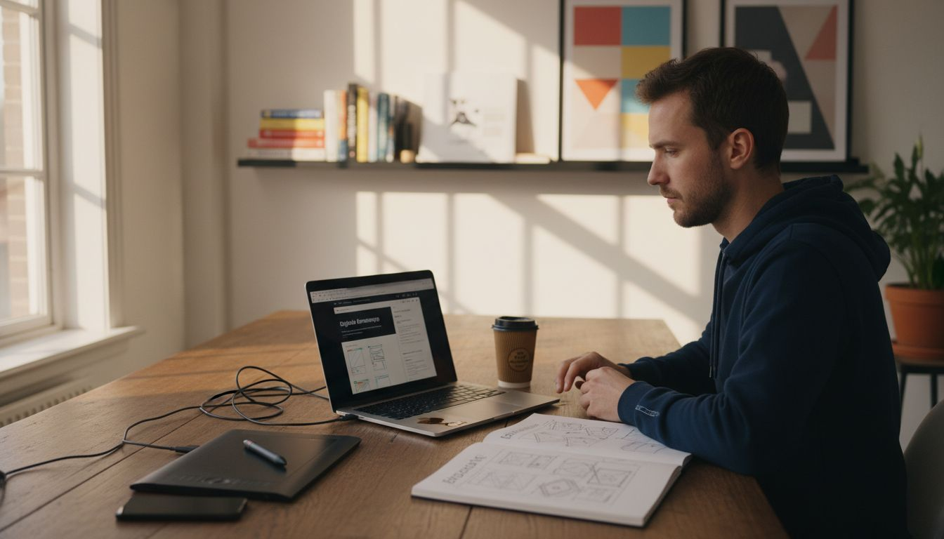 Een webdesigner die aan een rommelig bureau zit te werken.