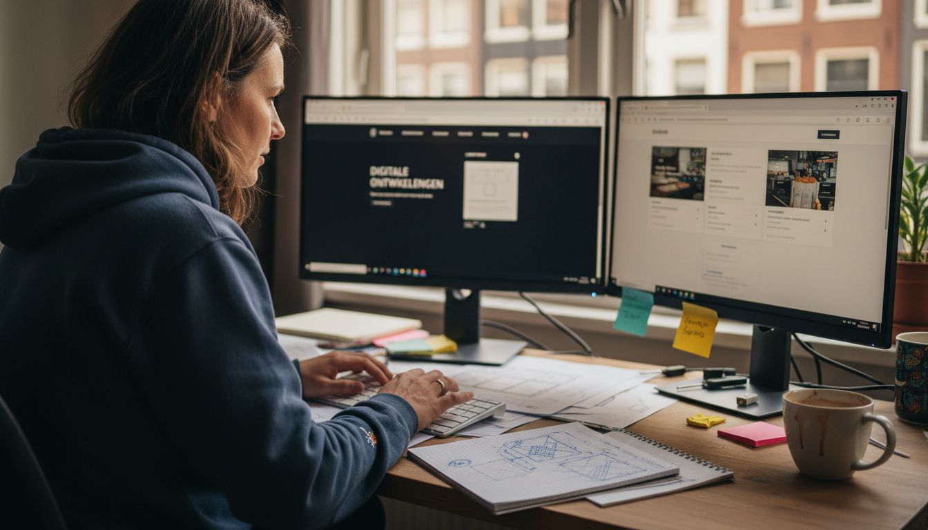 Een webdesigner aan het werk achter een rommelig bureau, omringd door allerlei papieren, koffiemokken en gadgets.
