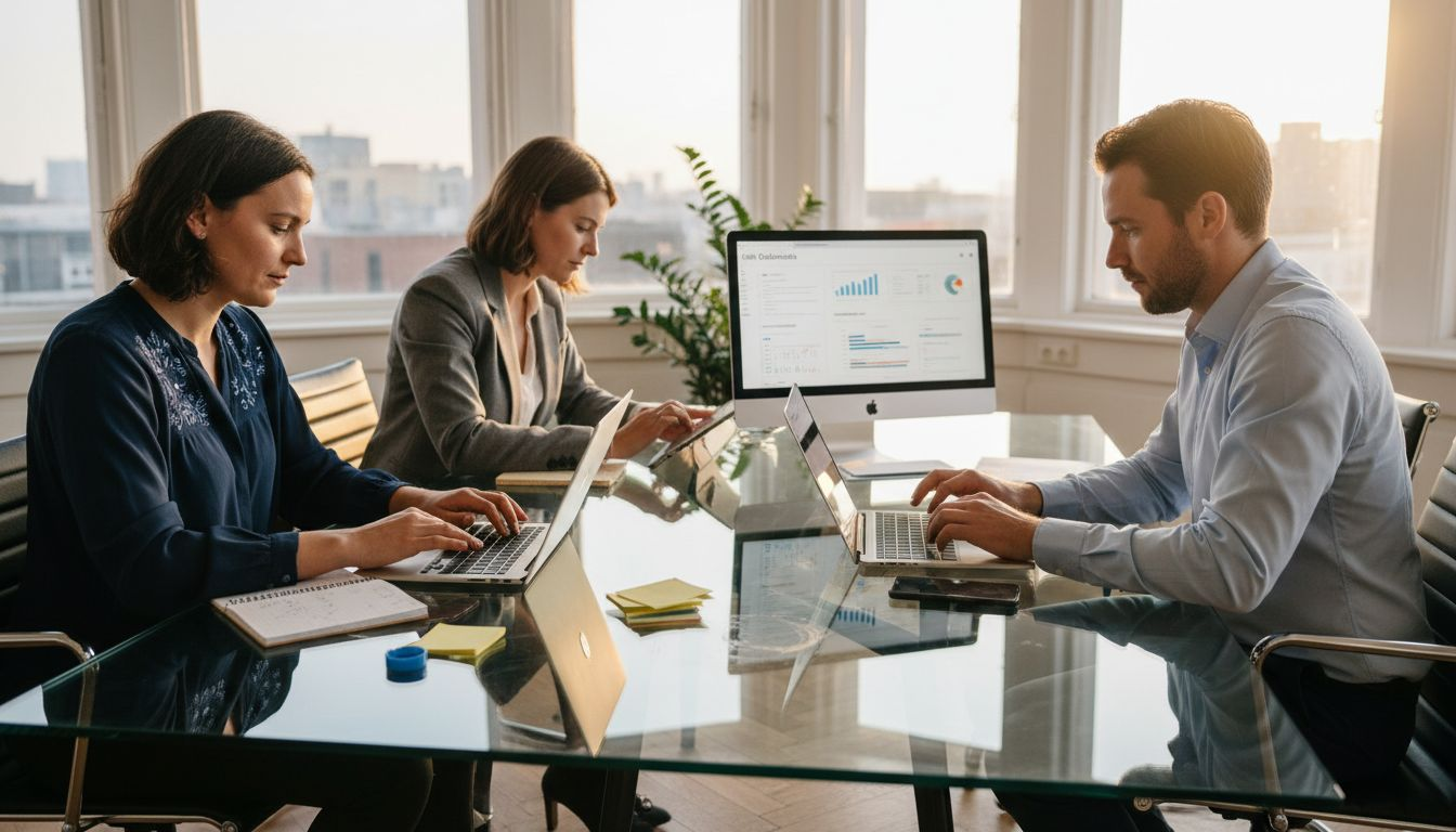 Een team op kantoor bespreekt en vergelijkt verschillende CMS-systemen aan de vergadertafel.