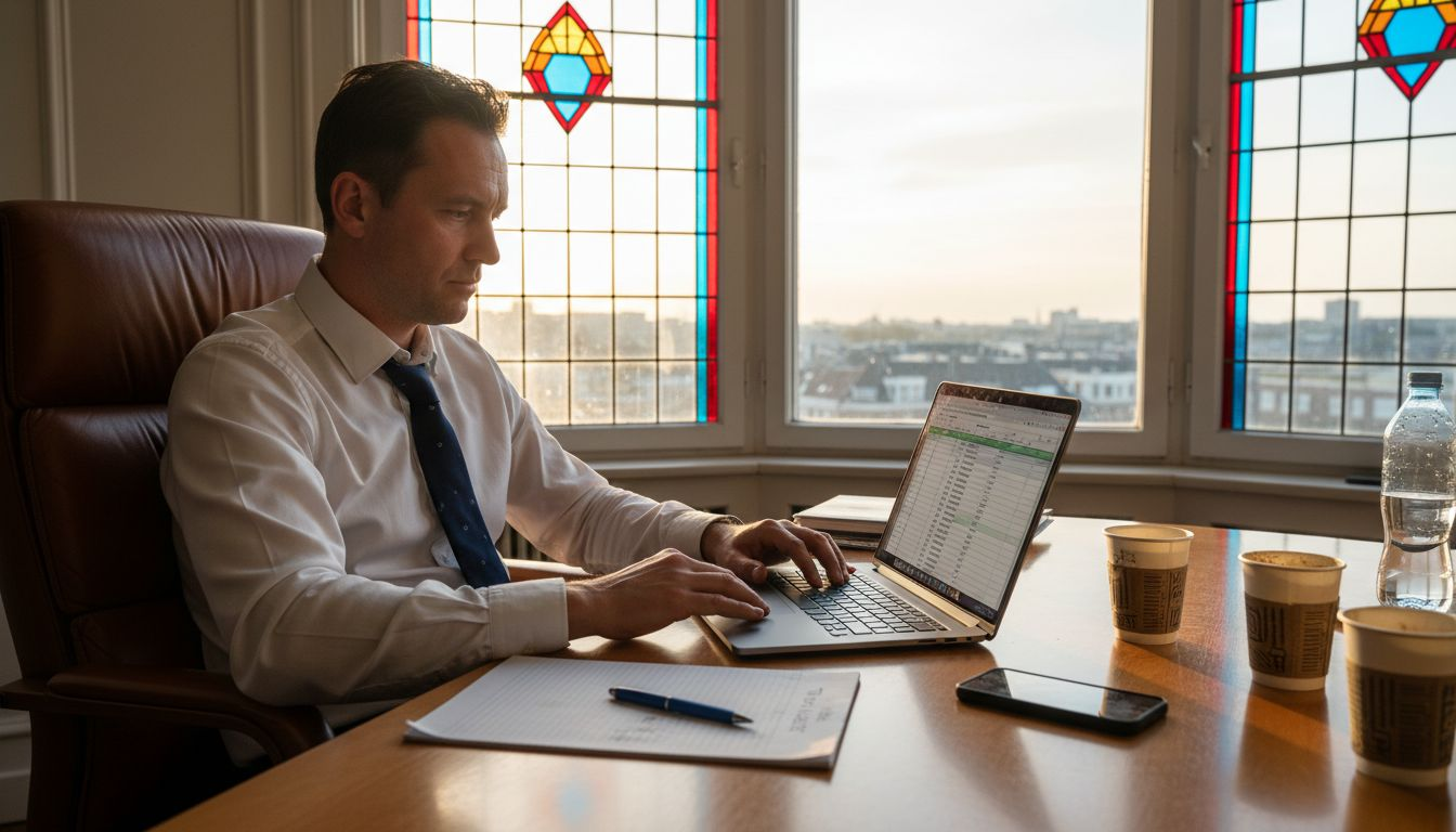 Een man zit in een hoekkantoor te werken achter zijn laptop, terwijl zijn bureau vol ligt met papieren, koffiebekers en andere rommel.