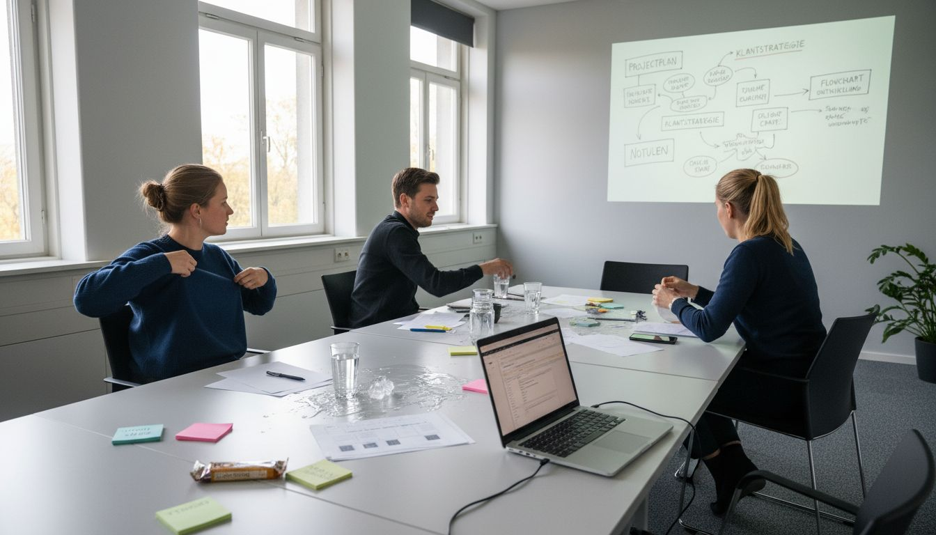 Het team komt samen in de vergaderruimte om te brainstormen over digitale vernieuwing.