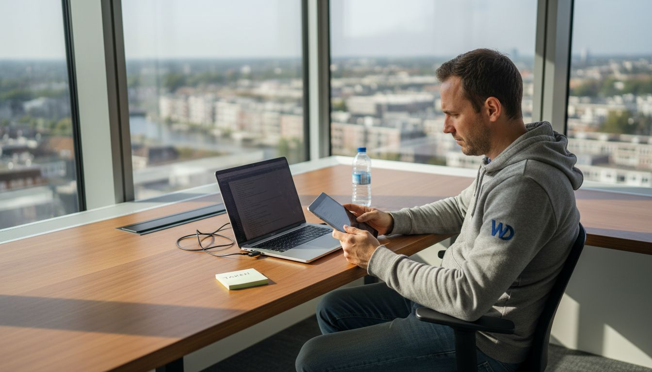 Een webontwikkelaar aan het werk op een tablet in een licht en modern kantoor.