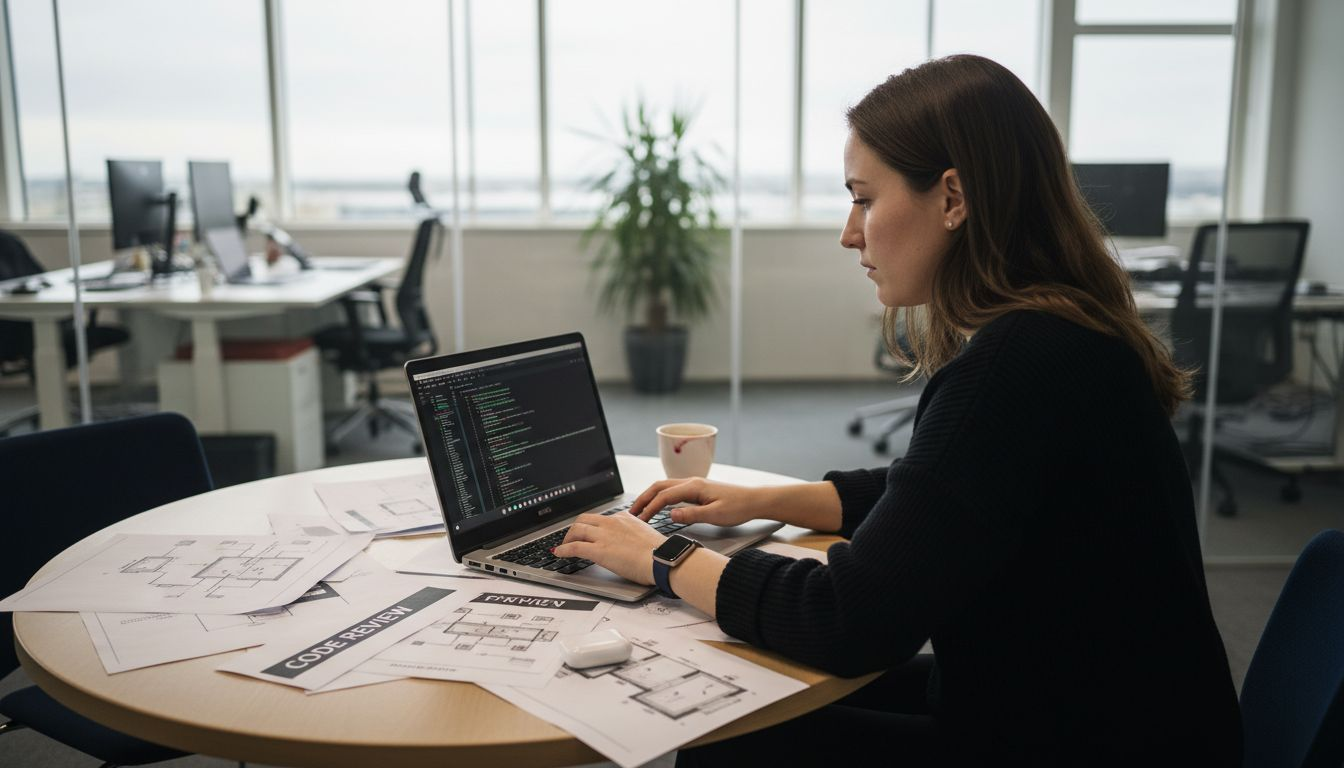 Een vrouwelijke developer werkt aan een nieuwe functionaliteit voor de service worker van een PWA.