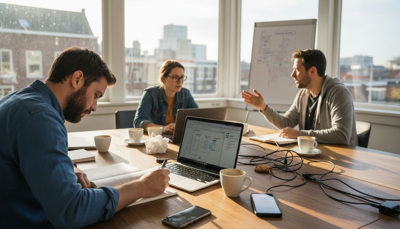 Een team van softwareontwikkelaars zit ’s ochtends samen op kantoor om nieuwe ideeën te bedenken.