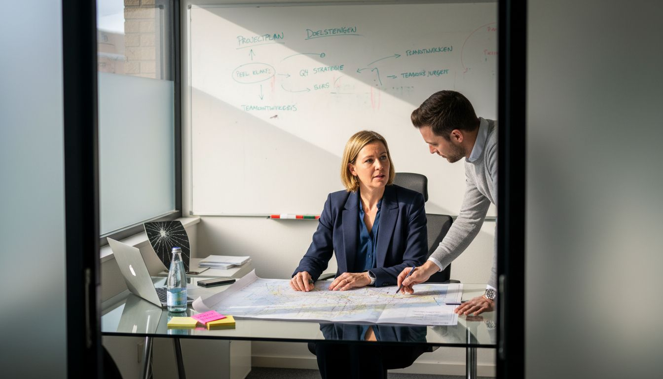 In het kantoor bespreekt de manager samen met een collega de bedrijfsdoelstellingen.