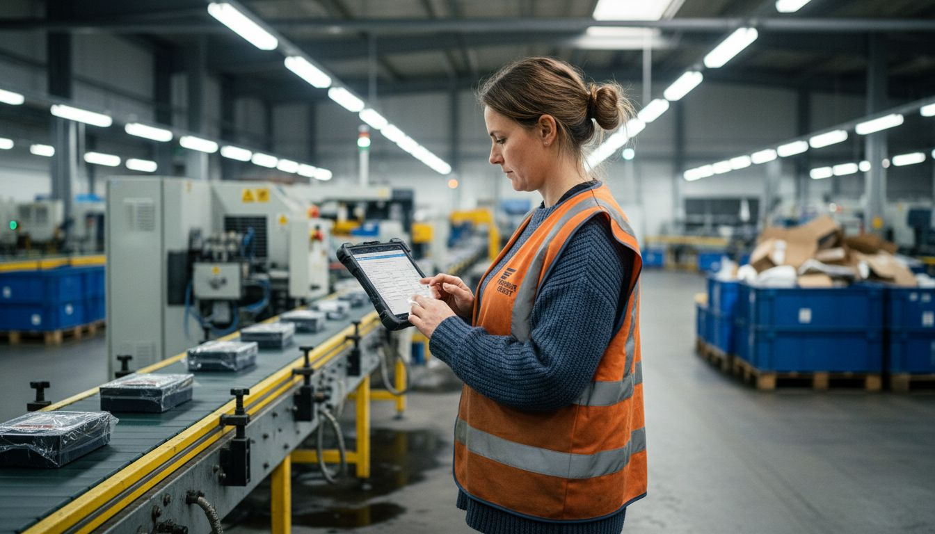 Een productiemanager bekijkt de productiegegevens op een tablet terwijl hij rondloopt in de fabriek.