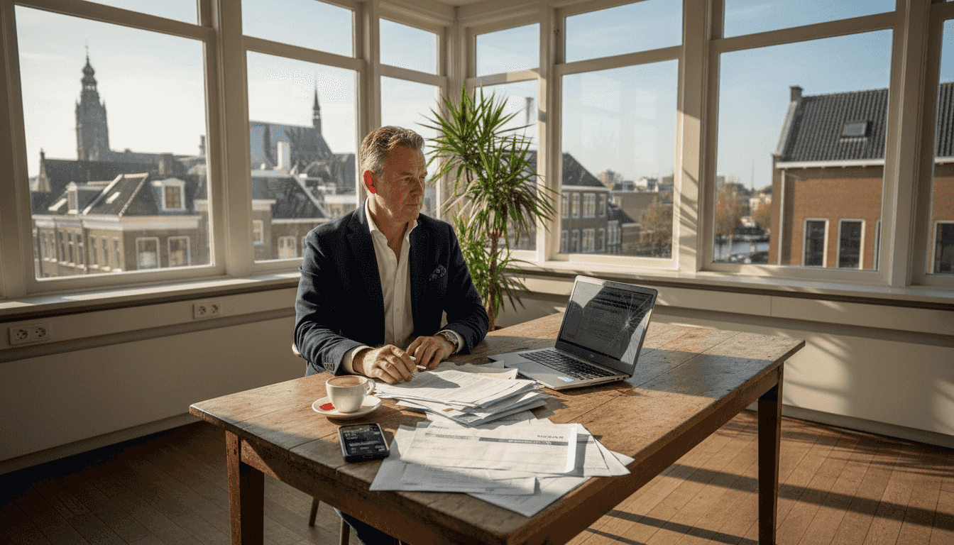 Een ondernemer zit geconcentreerd achter zijn bureau te werken in een modern kantoor met uitzicht op de stad.