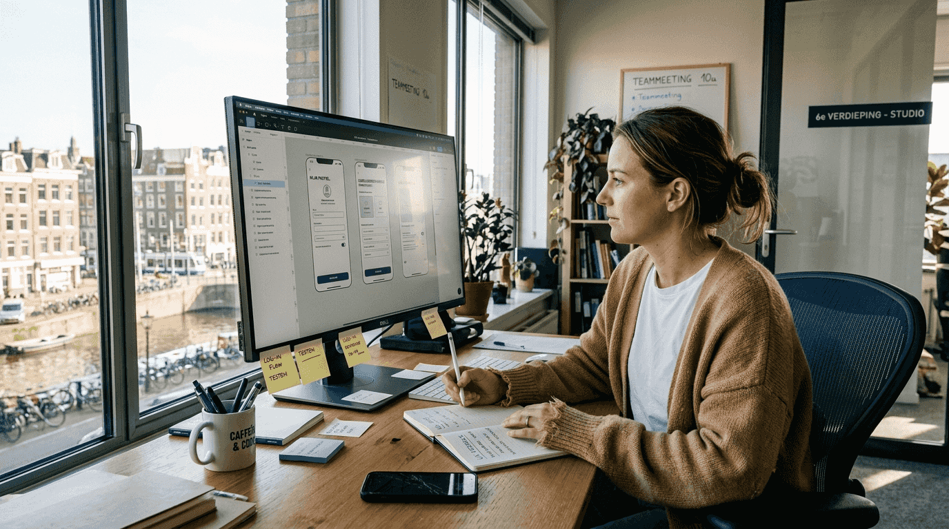 Een UX-designer zit geconcentreerd aan haar bureau en bekijkt de wireframes van een app om het ontwerp verder te verbeteren.