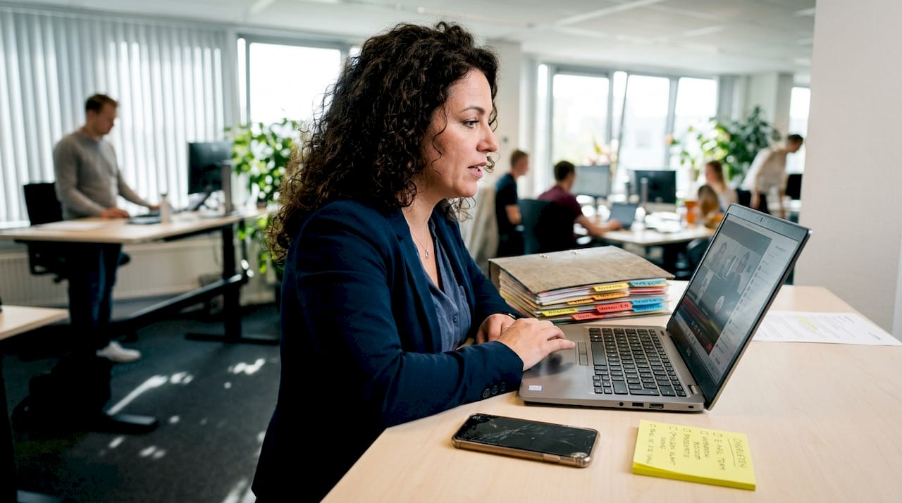 Een projectmanager neemt deel aan een hybride vergadering terwijl hij achter zijn sta-bureau werkt.