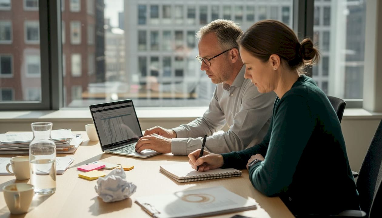 Twee collega’s zijn samen bezig met een digitaal project.