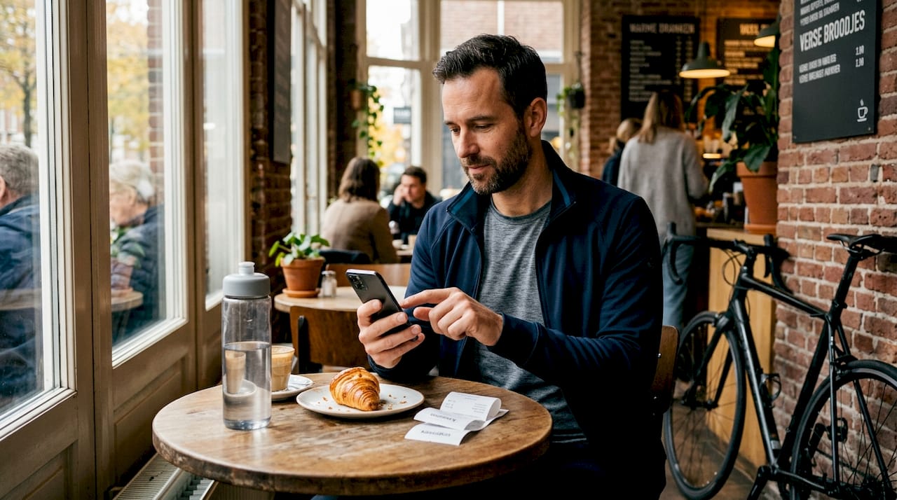 Een man zit in een café en gebruikt daar een app op zijn telefoon.