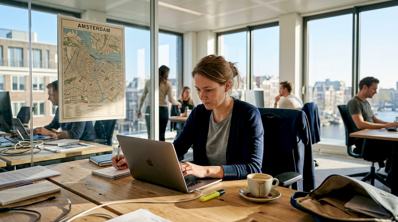 Een marketeer is druk bezig met het ontwerpen van een nieuwe landingspagina aan zijn bureau.