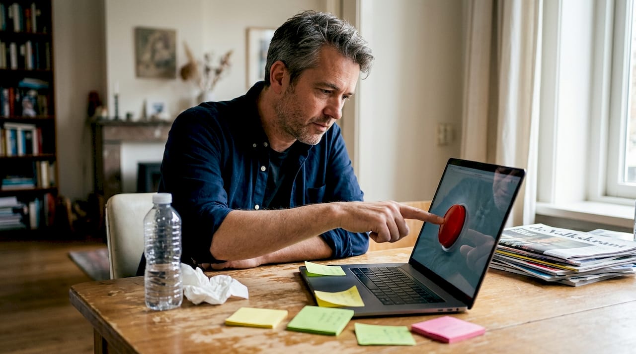 Man probeert thuis verschillende onderdelen van een website uit op zijn laptop