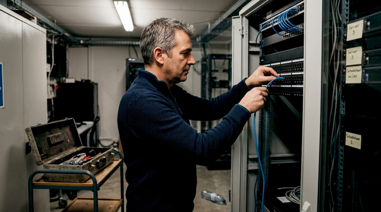 Een IT’er sleutelt aan de serverkast in een krappe ruimte.