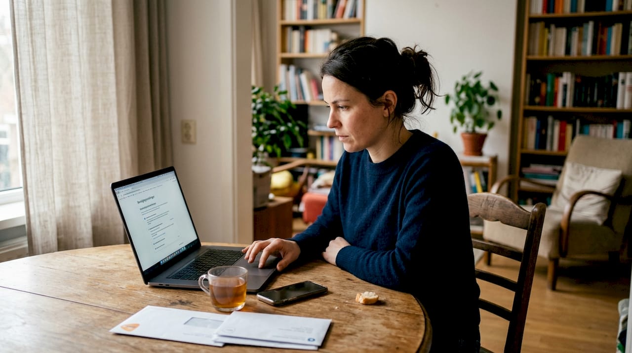 Terwijl hij aan de keukentafel zit, checkt een ondernemer even snel de beveiliging van zijn website.