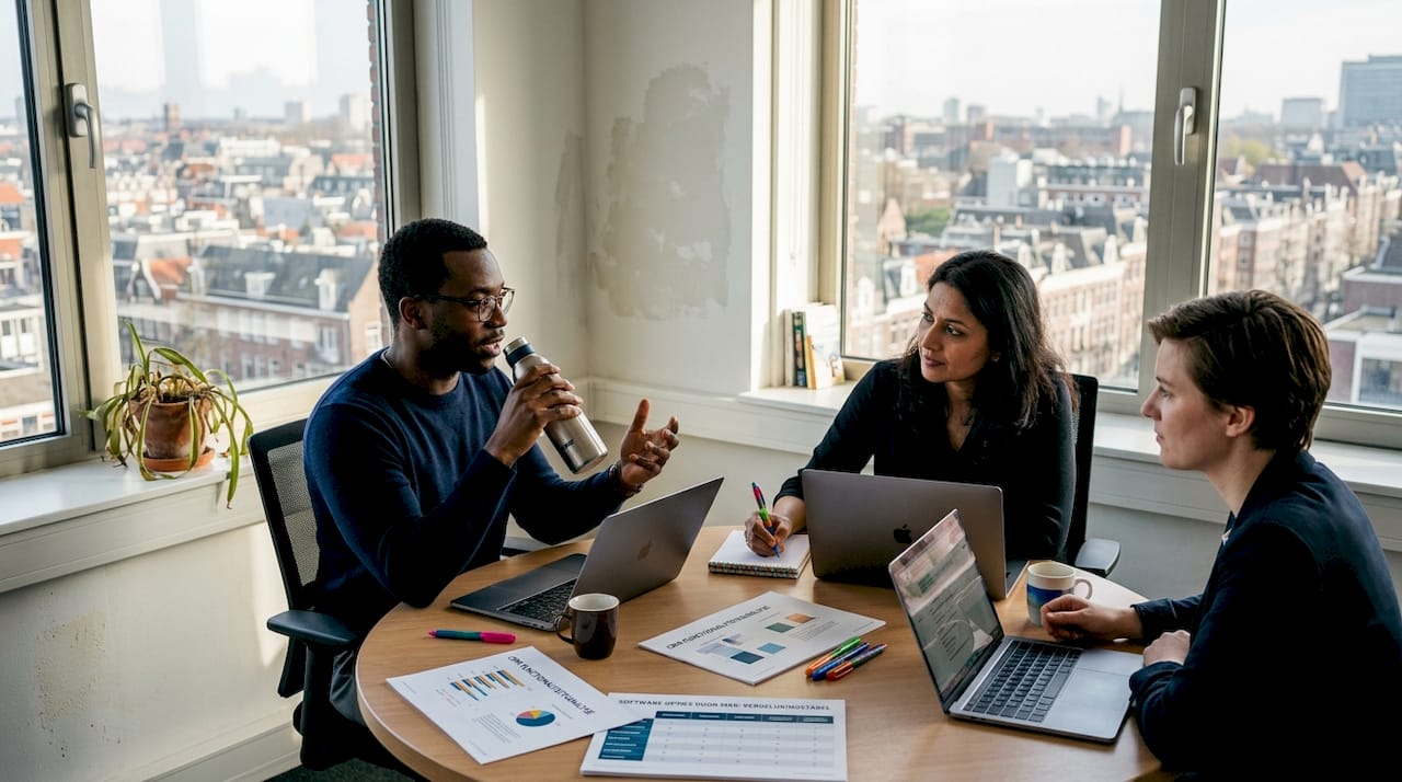 Het team buigt zich samen over het vinden van de juiste softwareoplossingen.