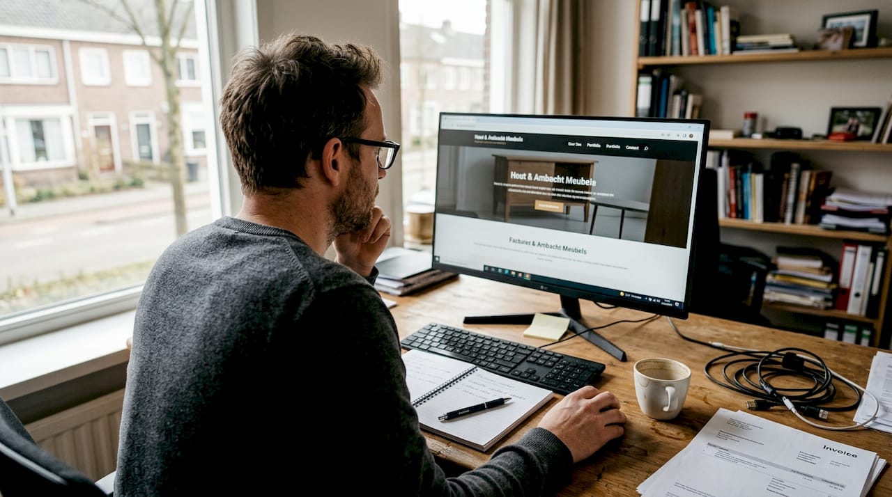 Een mkb’er bekijkt op kantoor zijn website op de computer.