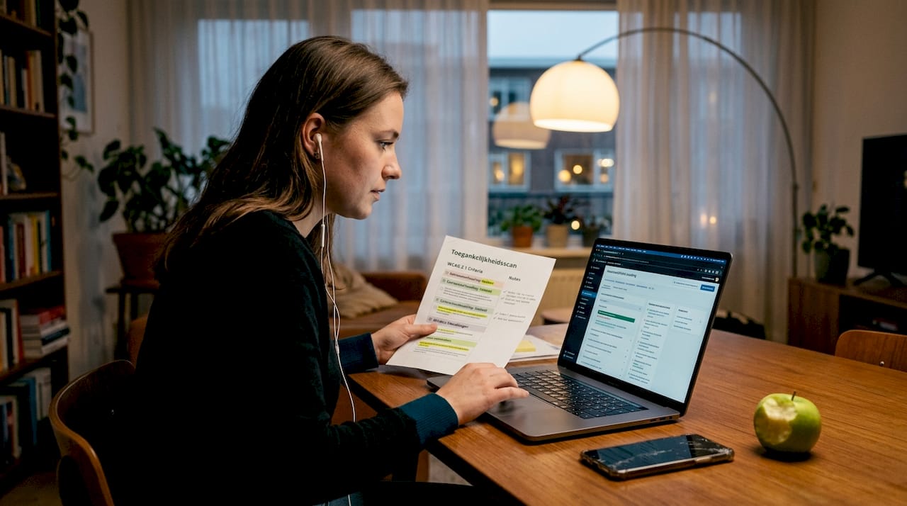 Een vrouw zit aan de eettafel en test hoe toegankelijk een website is.