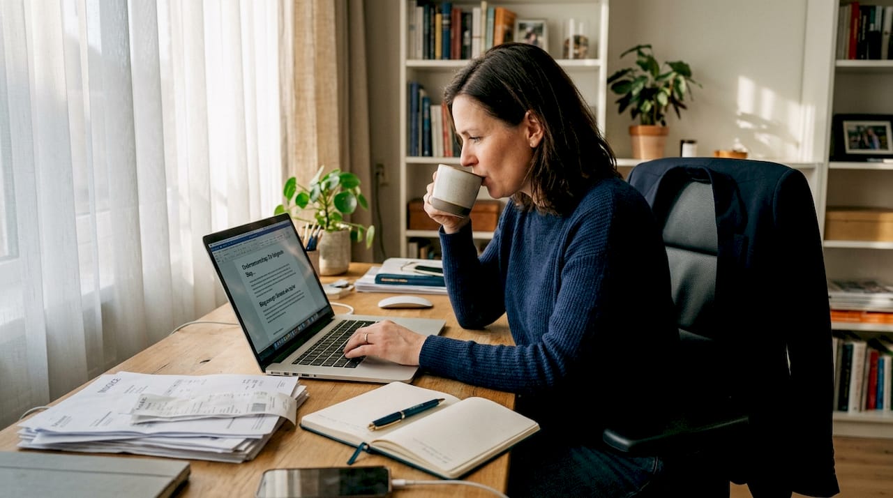 Aan zijn bureau zet een ondernemer zich volledig in op het creëren van nieuwe content.