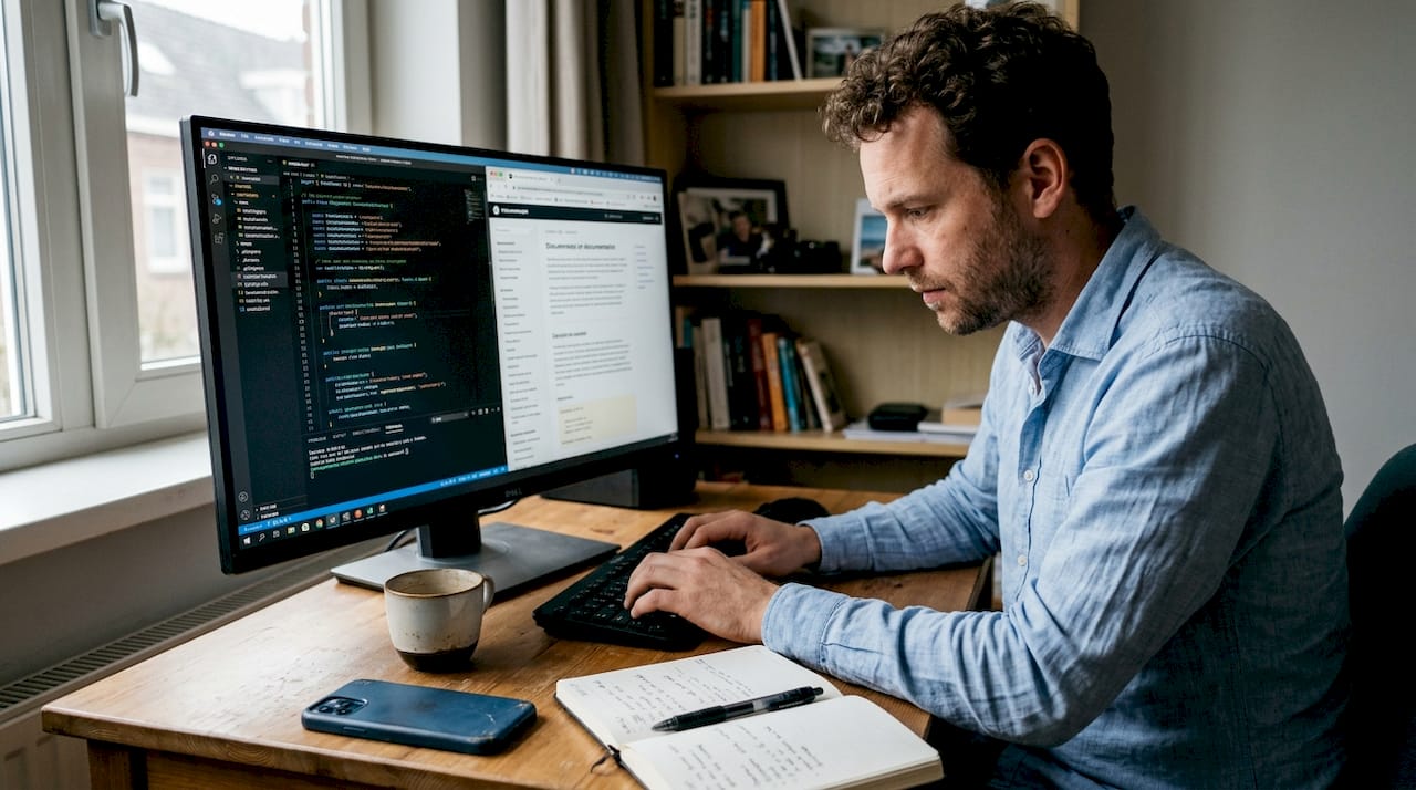 Een man werkt aan een SPA-project vanuit zijn thuiswerkplek.