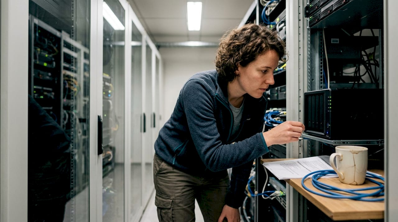 De systeembeheerder controleert of de back-up van de NAS goed is verlopen.