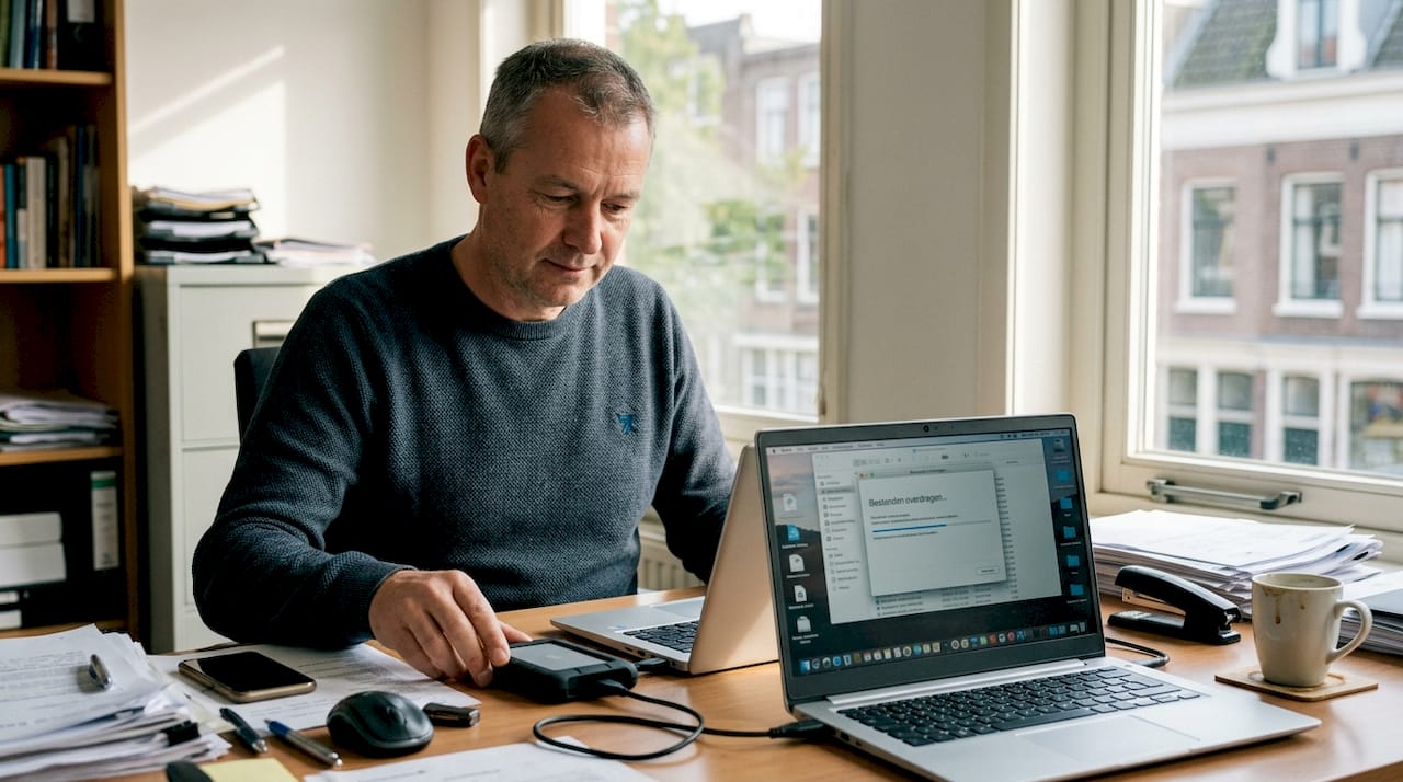 Een ondernemer uit het mkb loopt zijn back-up op de externe harde schijf na.