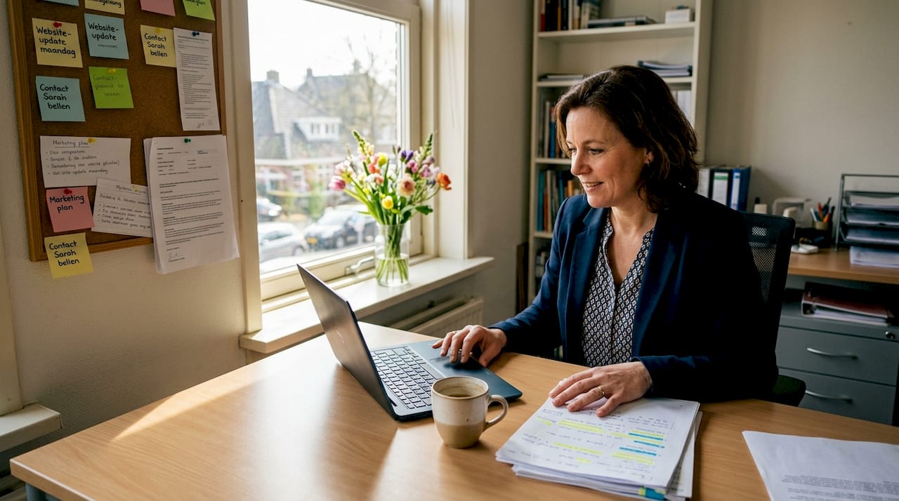 In een compact kantoor is een ondernemer druk bezig met het ontwikkelen van een CMS.