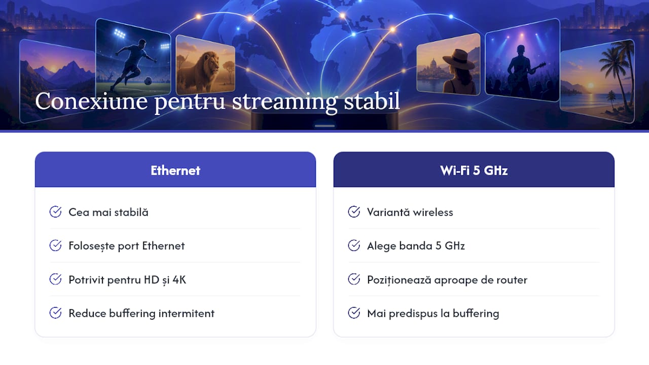Compararea conexiunilor de streaming prin Ethernet și Wi-Fi