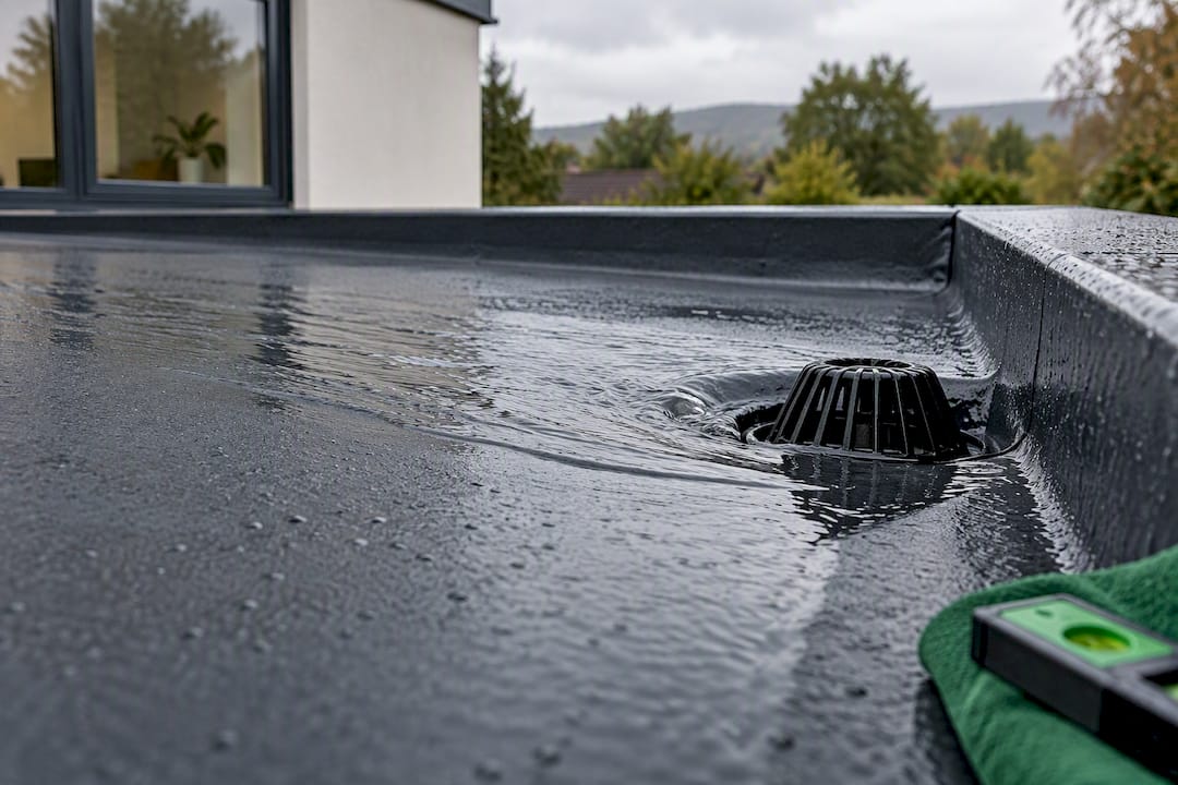Rainwater flowing toward a flat roof outlet