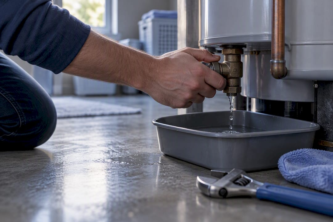 Fuite au niveau du raccord du chauffe-eau, avec une clé à proximité