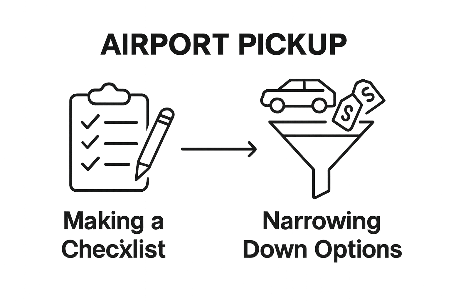 Infographic showing two-step process: checklist and filtering airport pickup options
