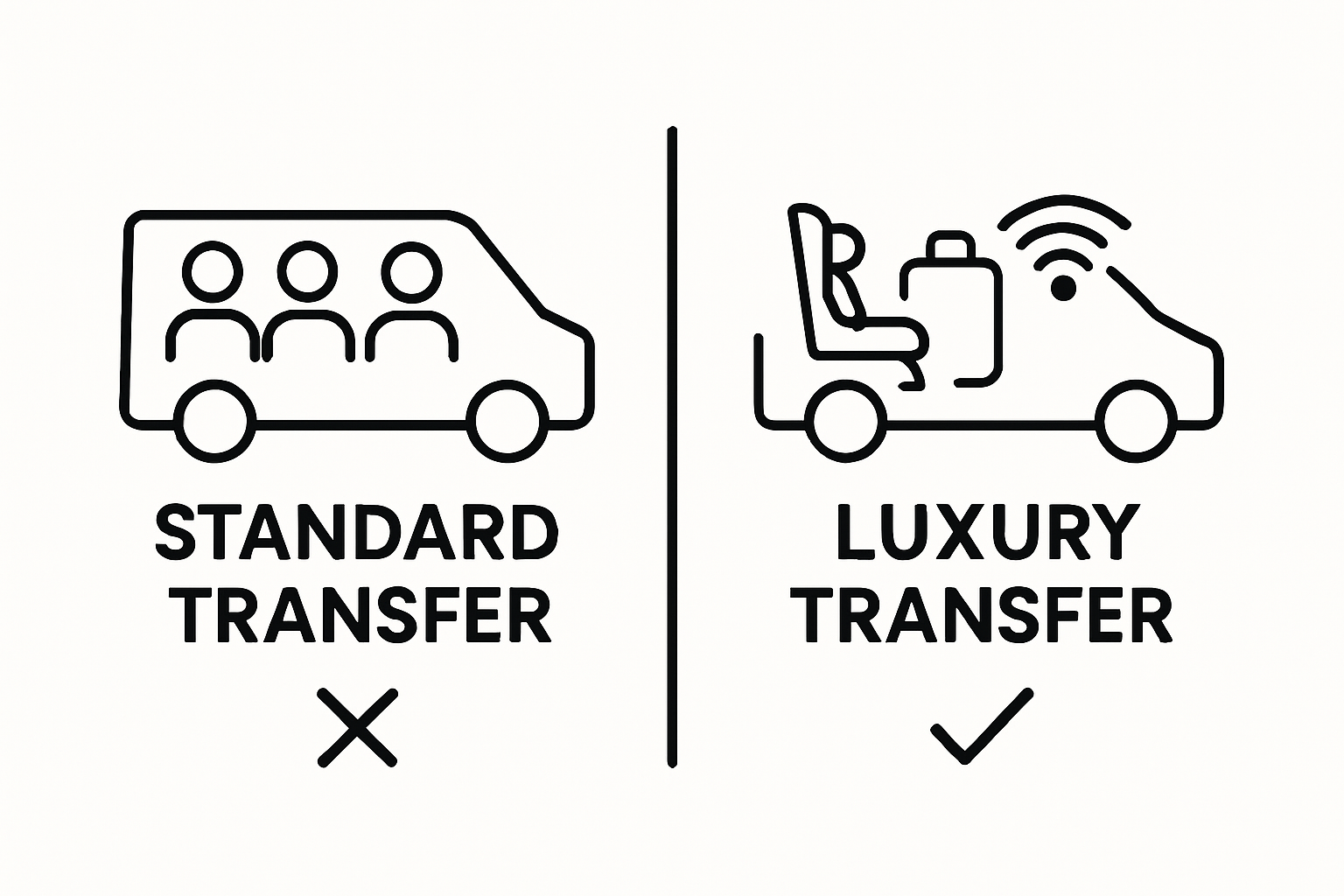 Comparison of standard and luxury ski transfers with comfort icons