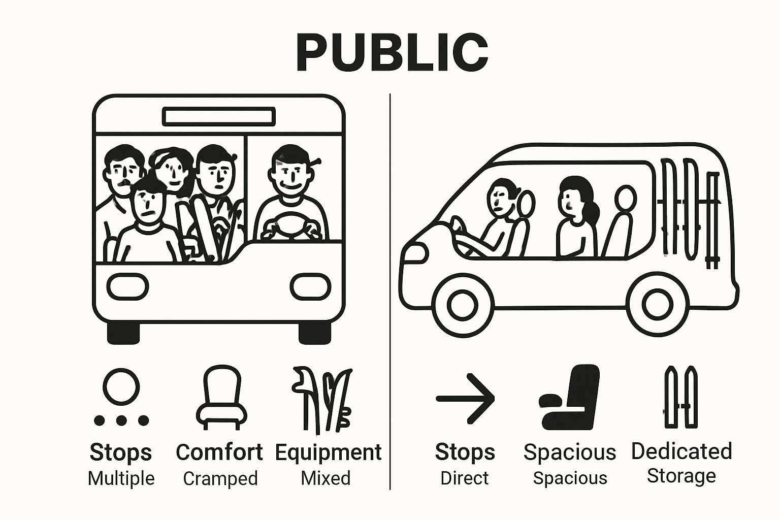 Comparison of public ski transport versus direct ski transfers, showing differences in comfort, stops, and equipment space.
