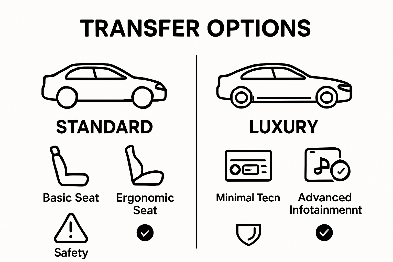 Side-by-side infographic comparing comfort and features of standard and luxury transfer vehicles.