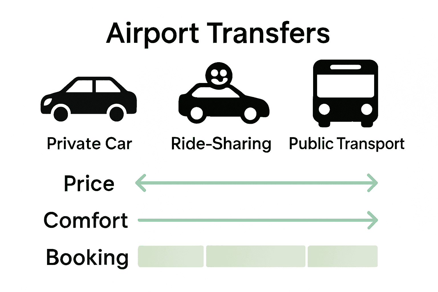 Comparison infographic of airport transfer options: private car, ride-sharing, and public transport.