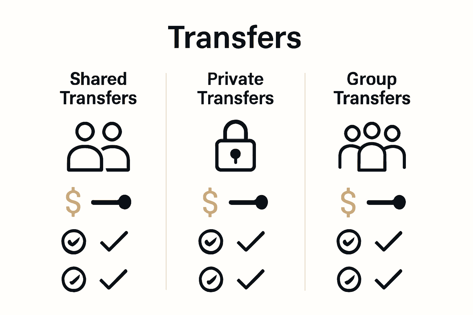 Infographic comparing shared, private, and group ski transfers by cost, flexibility, and comfort.