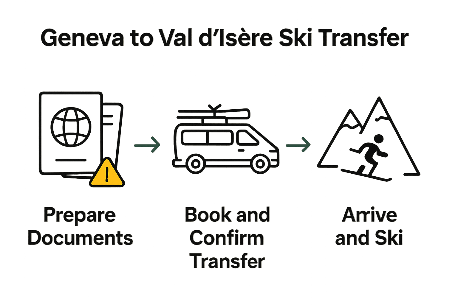 Infographic showing key ski transfer steps: documents, booking, arrival