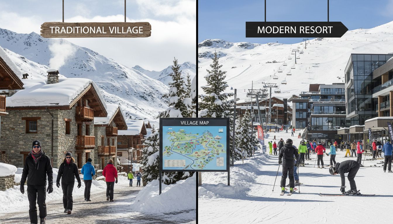 Two contrasting La Plagne villages in winter